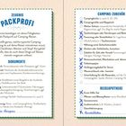 Zwei Checklisten mit Überschriften "Packprofi" und "Camping-Zubehör", Listen zu Dokumenten und Reiseapotheke.