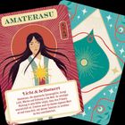 Auf der Karte steht "AMATERASU" und "Licht & Selbstwert”. Illustration: Frau mit langem Haar und einem Sonnensymbol auf der Brust.