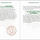 Das Bild zeigt zwei Textseiten mit grüner und schwarzer Schrift, die über Glück und Reisen sprechen. Zahl 8 und 9 unten.