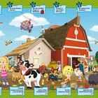 1. Was fressen die Hasen auf dem Bild?  
2. Wo hat sich Marshall versteckt?  
3. Wie viele rote Äpfel hängen am Apfelbaum?  
4. Ein Hund ist voller Matsch. Wer ist es?  
5. Wer bekommt einen Hundekeks?  
6. Wer kommt gerade angefahren?  

Illustration eines Bauernhofs mit Tieren und Helden.