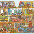 Oben "Happy Birthday". Eine Illustration zeigt ein lebhaftes Haus mit Menschen in verschiedenen Räumen.