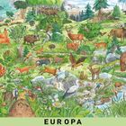 Illustration mit Tieren in einer Landschaft; Links eine Liste europäischer Tierarten; unten der Text "EUROPA".