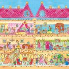 Illustration eines Puppenhauses mit sechs Zimmern, zwei Etagen, vielen Figuren, die tanzen, musizieren und sich unterhalten.