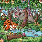 Illustration: Ein bunter Dschungel mit Tieren. Ein Tiger trinkt aus einem Bach. Schlangen, Elefanten und Blumen umgeben ihn.
