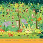 Text am unteren Rand: „Wie viele Krokodile kannst du entdecken? Finde den Schuh. Wo sitzt der Tukan mit dem blauen Schnabel?“  

Bunte Dschungel-Illustration mit vielen Tieren wie Affen, Elefanten und Vögeln. 