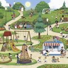 Illustration eines lebhaften Parks, voller Kinder beim Spielen, Erwachsene spazieren, ein Eiswagen, Bäume und bunte Blumen.