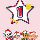 Nummer 1 in einem Stern mit Hundepfoten-Logo. Unten vier Welpen mit Weihnachtsmützen und Schals.