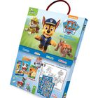 Text: "Basteln, Malen, Rätseln, Stickern." Produktverpackung zu Paw Patrol mit animierten Hunden und Zubehör.