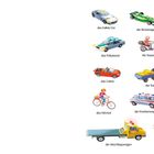 Verschiedene Fahrzeugtypen sind gezeigt, mit Bezeichnungen wie "der Bus", "das Polizeiauto" und "die Feuerwehr".