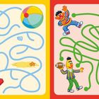 Links Seite 6: bunte Linien, rotes Fellwesen, Ball. Rechts Seite 7: grünes Labyrinth, zwei Figuren mit Sportmotiv.