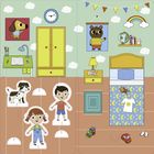 Illustration eines Kinderzimmers: Schreibtisch mit Büchern, gelber Schrank, Bett, Spielzeuge, Wanduhr, Tierposter, Wolkentapete.