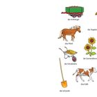 Links Kuh, Ferkel, Schaf, Traktor. Rechts Pferd, Apfeleimer, Hund, Heuballen. Bunte Illustrationen von Tieren und Objekten.