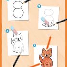 1, 2, 3, 4 in blauen Kreisen. Zeichenschritte einer Katze mit Stift, Radiergummi und Farbe.