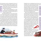 "Die Fangkörbe für Hummer heißen auf Inselkrebs Thiner." Illustration: Mann und Kind im Boot, Einsiedlerkrebs, Hummerkorb.