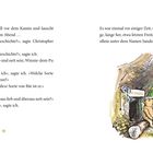Links Text über eine Geschichte; rechts Illustration von Winnie-the-Pu vor einem Baum mit "Mr Sanderz"-Schild, umgeben von Bienen.