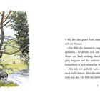 Texte: I-Ah, der alte graue Esel, stand am Bach und betrachtete sich im Wasser. Illustration: Ein Baum neben dem Esel.