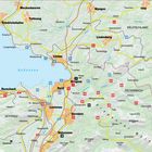 Karte der Region Bodensee mit Städten wie Friedrichshafen, Bregenz und Dornbirn, inklusive Verkehrsstraßen und Grenzen.