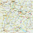 Karte mit Städtenamen wie Stuttgart, Karlsruhe, Basel, Mannheim und Straßburg. Gelbe Straßen verbinden die Orte.
