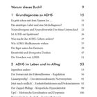 Inhaltsverzeichnis zu ADHS, mit Kapiteln wie "Warum dieses Buch?", "Grundlegendes zu ADHS" und "ADHS im Leben und im Alltag".