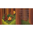 Bär bei Lagerfeuer im Wald, beobachtet von Hase und Löwe. Text beschreibt Bärnies Gedanken zum Sonnenuntergang.