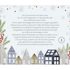 Text in der Mitte beschreibt eine Plätzchentausch-Party. Illustration mit winterlichen Motiven, Schnee und Häusern.