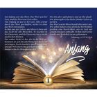 Texte: Ein Bibelvers spricht über das Wort bei Gott, Licht und Gnade. Illustration: Ein geöffnetes Buch mit Lichtstrahlen.