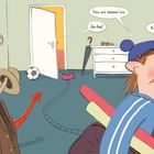„Tino, wir müssen los.“ „Ja-ha!“ „Komm jetzt, bitte!“ Illustration: Ein Mann mit Mütze trägt Ausrüstung durch den Flur.