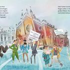 Texte: "Milliardäre und Maskenmenschen willkommen!", "Arme Touristen unerwünscht", "Tauben verbieten", "Stadt zu verkaufen". 

Illustration einer belebten venezianischen Szene mit Menschen in einem überfluteten Platz und historischen Gebäuden im Hintergrund.