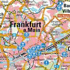 Kartenausschnitt: Frankfurt a.M., Bad Vilbel, Offenbach. Straßen und Symbole für Sehenswürdigkeiten sind dargestellt.