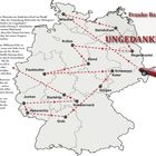 Titel: UNGEDANKEN. Ein rotes Auto auf einer Karte Deutschlands, mit Städtenamen wie Witzwort, Elend, und Faulbutter. Orte sind verbunden durch eine gestrichelte Linie.