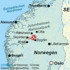 Karte von Norwegen zeigt Städte wie Oslo, Bergen, Lillehammer und den Jotunheimen Nationalpark. Im Nordwesten das Europäische Nordmeer.