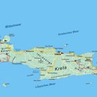 Kreta-Landkarte mit Städten: Chania, Iraklio, Rethymno, Sitia. Gebirge: Lefka Ori, Ida-Gebirge, Dikti. Meere: Mittelmeer, Kretisches Meer.