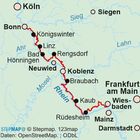 Eine Karte mit Städtenamen entlang des Rheins: Köln, Bonn, Koblenz, Mainz, Frankfurt am Main, Darmstadt.