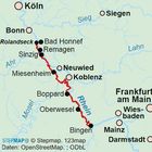 Karte mit Städten entlang des Rheins: Köln, Bonn, Koblenz, Mainz; rote Linie folgt dem Flusslauf.