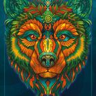 Text: "BÄR Herz". Eine bunte, detaillierte Illustration eines Bärenkopfes mit floralen Motiven.