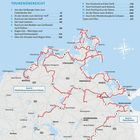 TOURENÜBERSICHT mit zwölf nummerierten Touren. Eine Landkarte zeigt Routen in Mecklenburg-Vorpommern, Deutschland.