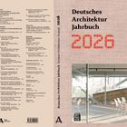 Deutsches Architektur Jahrbuch 2026. Großes rotes „2026“. Modernes Interieur mit weißen Stühlen und Glaswänden.