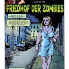 "FRIEDHOF DER ZOMBIES" ist der Titel in grüner, tropfender Schrift. Frau in weißem Kleid läuft nachts durch eine Straße.