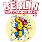 „Jörg Buttgereits CAPTAIN BERLIN SUPERSAMMELBAND #3.“ Ein Superheld reißt dynamisch durch Papier.