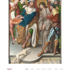 Kalenderblatt mit "2027" in Rot und den Monaten März/March/Mars. Mittelalterliche Illustration mit historischen Figuren.