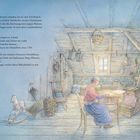 Text über Kindheitserinnerungen, Freund der Kinder. Illustration: Ältere Frau in einem Holzboden-Dachboden schreibt.