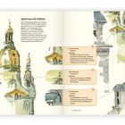 "Spielraum für Effekte" und Erklärungen zu Lasieren, Granulieren, Lavieren. Aquarellierte Türme und Fassaden im Hintergrund.