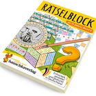 "Rätselblock ab 11 Jahre, Band 2". Illustration mit Würfel, Fragezeichen und Kreuzworträtsel-Motiven.