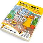 "Schulstartblock. Lesen lernen mit Großbuchstaben ab 6 Jahre." Illustration: Maus und Hund mit Buchstabenkarten.