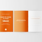 Links: „Annett Liskewitsch, Schritt für Schritt zu neuen Ideen“. Mitte: Zitat von John Cleese. Rechts: Frage zur Ideensammlung.