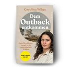 „Dem Outback entkommen“, „Mein Überlebenskampf in der australischen Wildnis“, „Vorläufiges Cover“. Vorderseite eines Buchs.