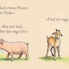Links Schaf und Schwein, rechts Ziege und Ente. Dialoge über Tierlaute: "Oink", "Nag-nag", "Tut mir leid".