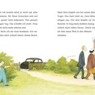 "Ein Junge mit einem Bogen versteckt sich hinter einem Busch, während zwei Männer zum Haus gehen."