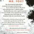 "WER IST MR. FOX?" ist in großen Buchstaben zu lesen. Darunter ein Text über einen manipulativen Englischlehrer. Unten Rezensionen.