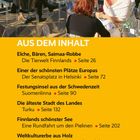 "AUS DEM INHALT: Themen über Finnland wie Tierwelt, Sehenswürdigkeiten, Städte, Wanderpfade und Saunakultur. Menschen auf Terrasse."